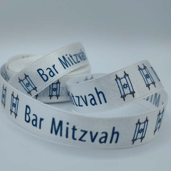 unknown Other - Bar Mitzvah Satin Ribbon 2 Yards White Blue Torah Gift Wrap 5/8”
